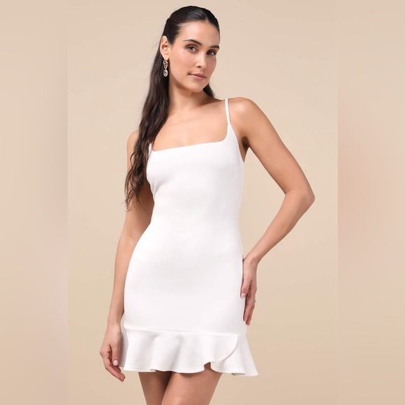 LULU’S Compelling Composure White Sleeveless Ruffled Bodycon Mini Dress - Picture 2 of 6